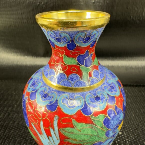 Vintage Chinese Cloisonne Vase Vessel Bud Vase Blue Red Bird Flowers Metal VTG - Picture 5 of 12